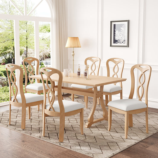 Retro 7-Piece Trestle Dining Table Set with Upholstered Dining Chairs,