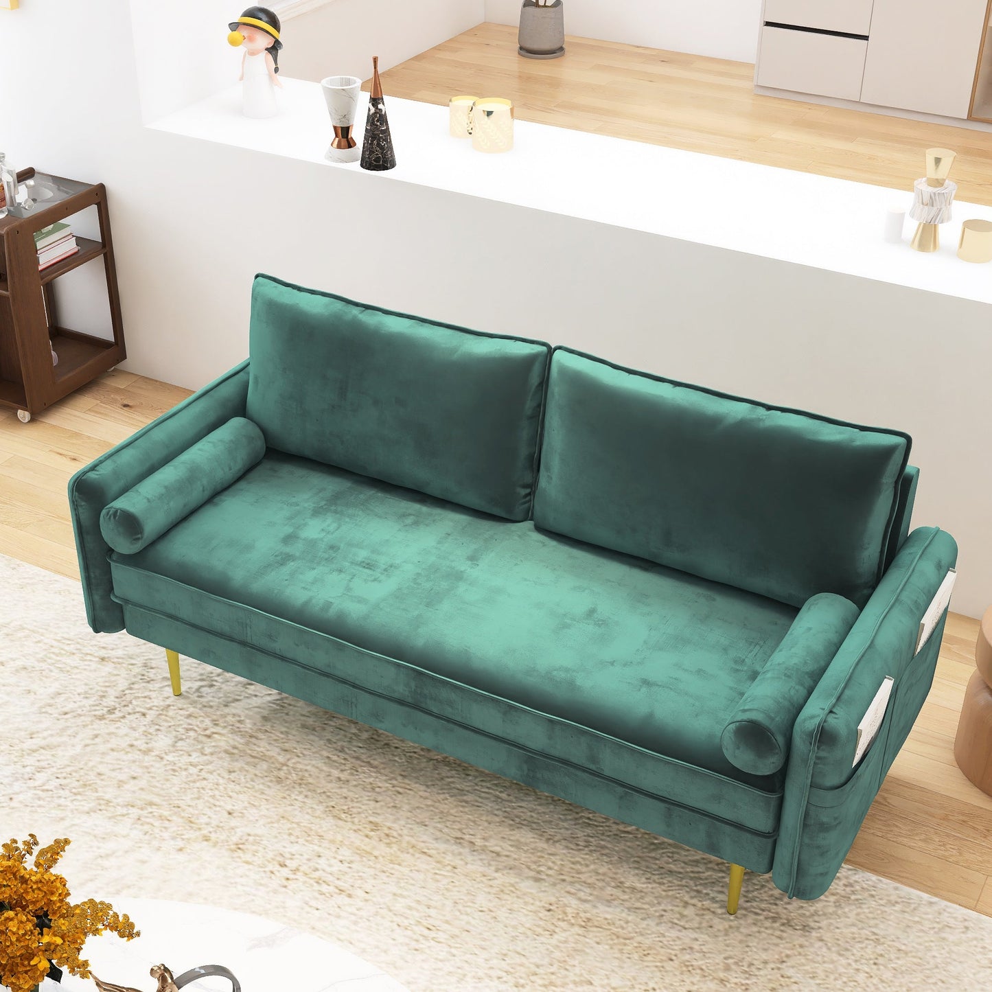 Emerald Plush Velvet Sofa with Luxe Throw Pillows and Golden Legs