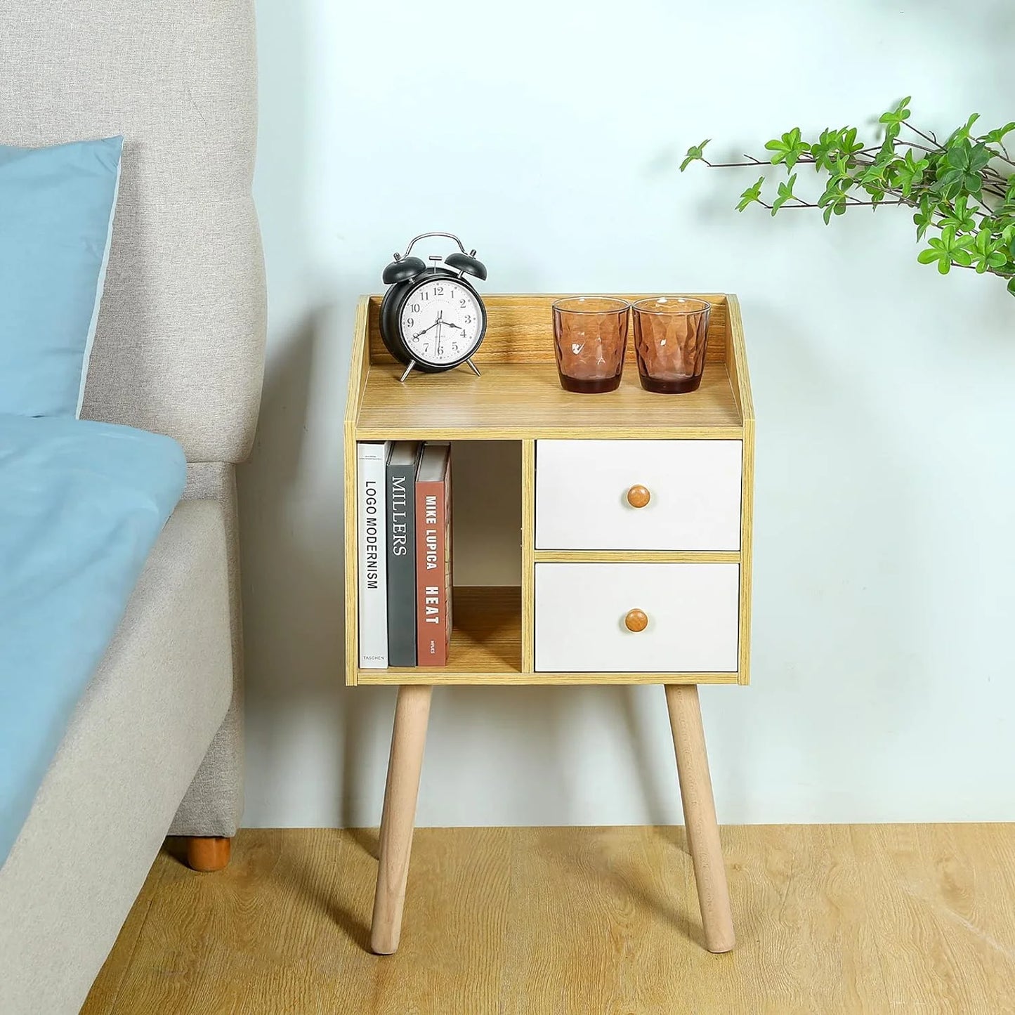 Mid Century Side Table Nightstand, Bedside Table with 2 Drawers, Modern Natural Wood End Table Side Table for Bedroom Living Room