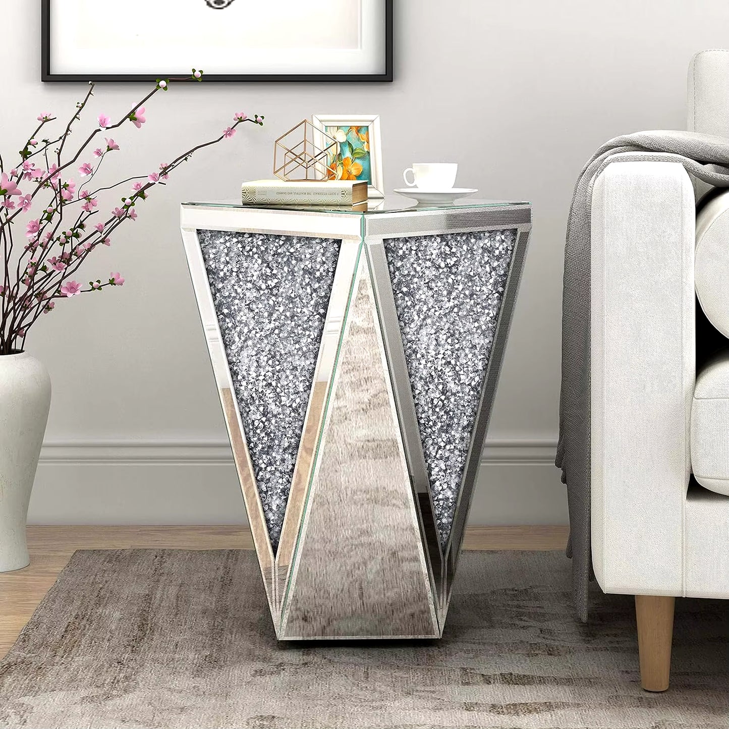 Mirrored End Table Diamond Setting Side Table Pedestal Stand for Hallway, Living Room