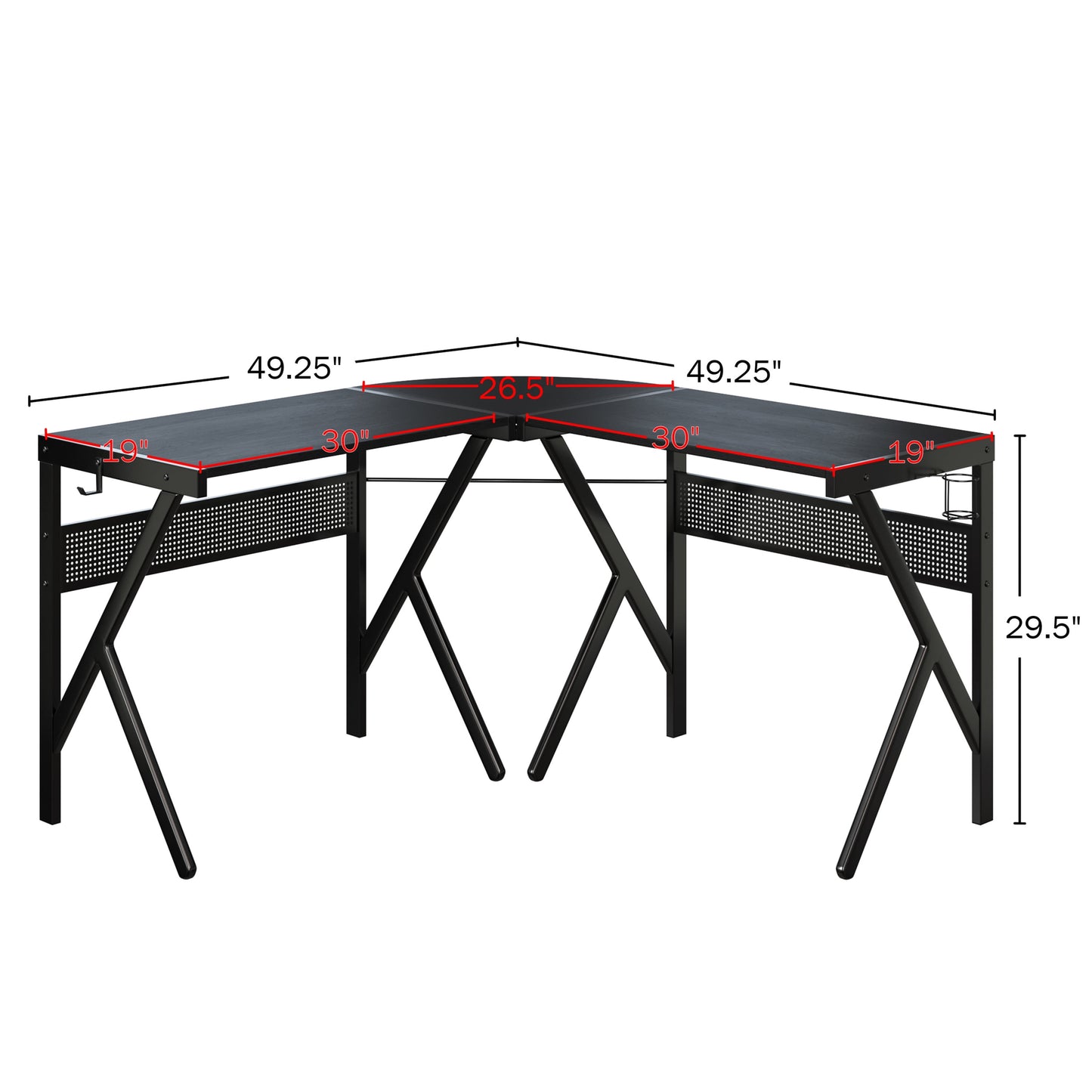 L Shaped Computer Desk with Headphone and Cup Holder Modern Style (Black)