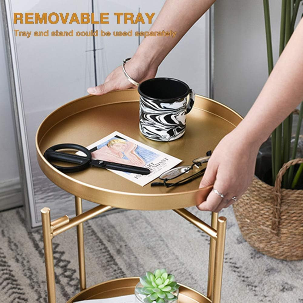 Gold Side Table, Metal Gold Modern Nightstand, Small round Table Metal Tray Side Table for Living Room Bedroom Kitchen Dining Room Game and Recreation Room