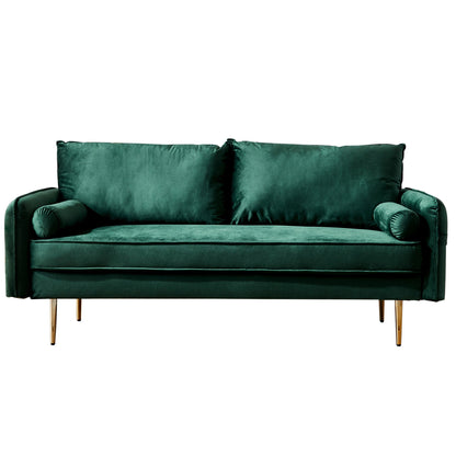 Emerald Plush Velvet Sofa with Luxe Throw Pillows and Golden Legs