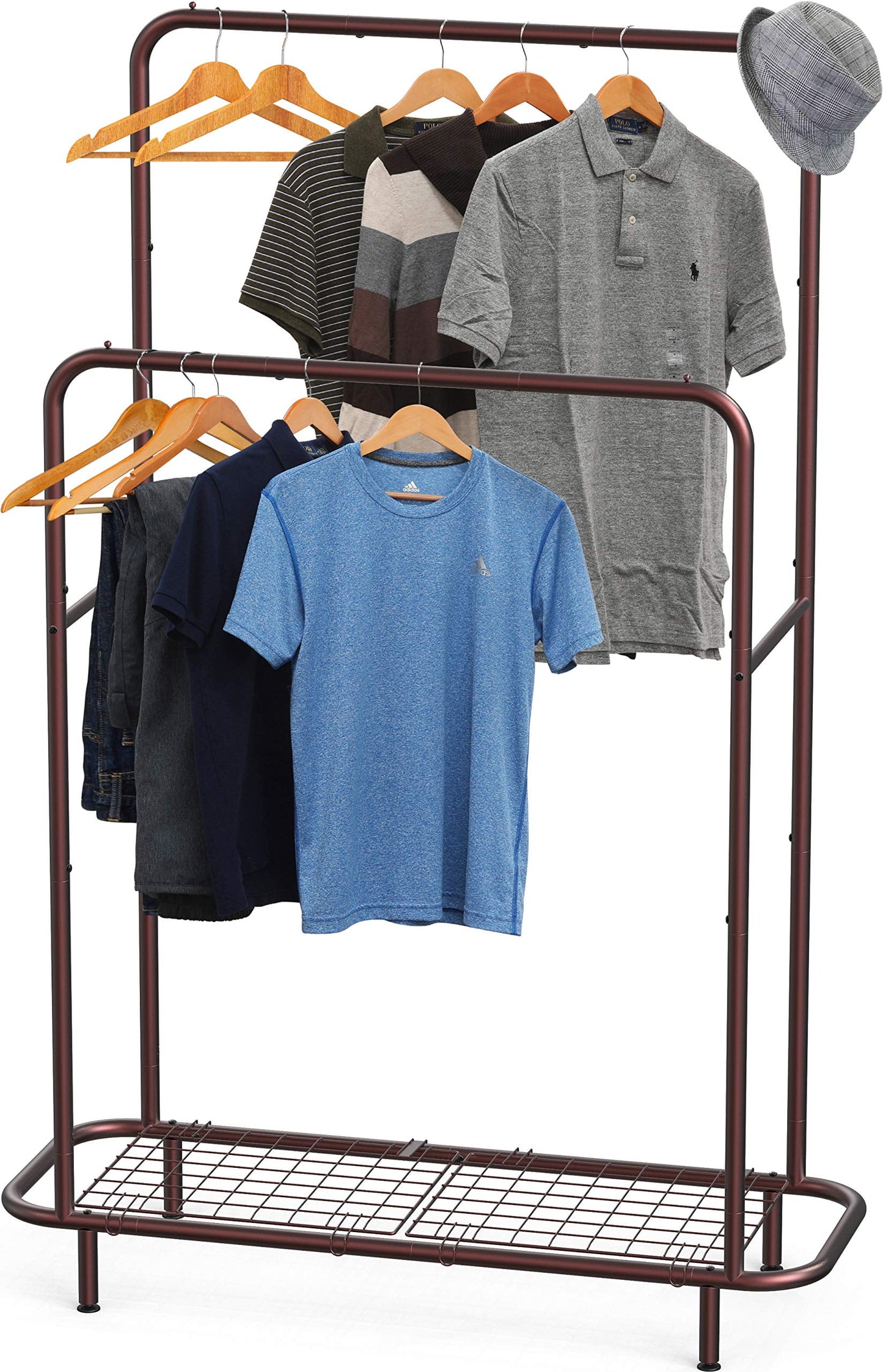 Double Rod Clothing Garment Rack with Industrial Pipe and Bottom Shelves, Bronze