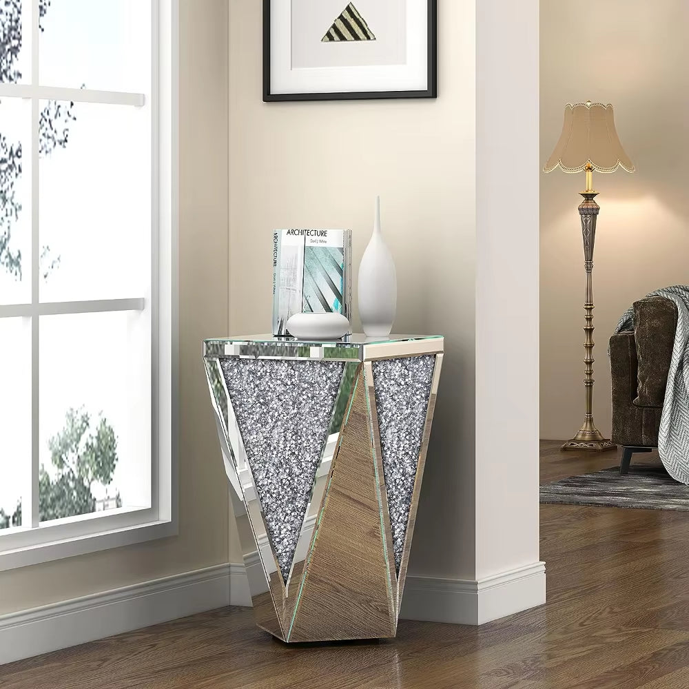 Mirrored End Table Diamond Setting Side Table Pedestal Stand for Hallway, Living Room