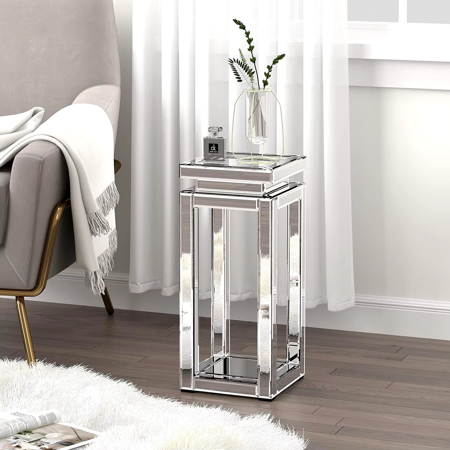 Mirrored End Table Diamond Setting Side Table Pedestal Stand for Hallway, Living Room