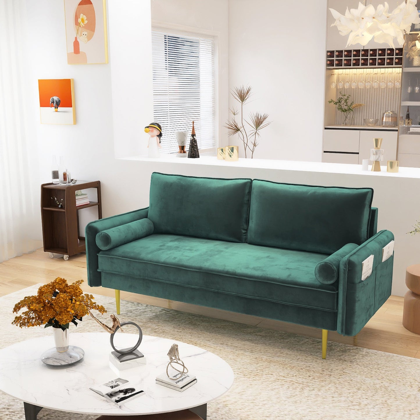 Emerald Plush Velvet Sofa with Luxe Throw Pillows and Golden Legs