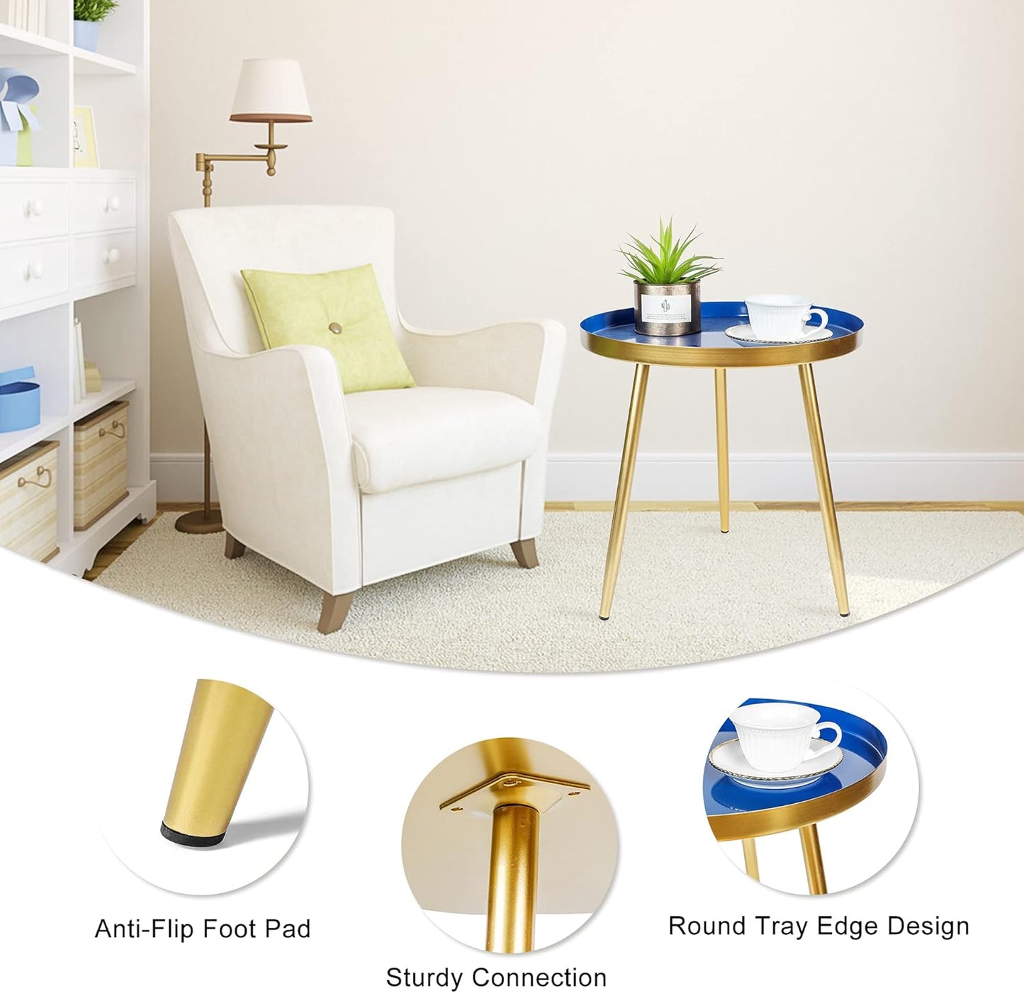 round Side Table Modern End Table Metal Narrow Nightstand Organizer Boho Small Coffee Table for Bed Room, Living Room Sofa, Kitchen, Small Spaces, Entryway Easy Assembly Gold Side Table （Blue）