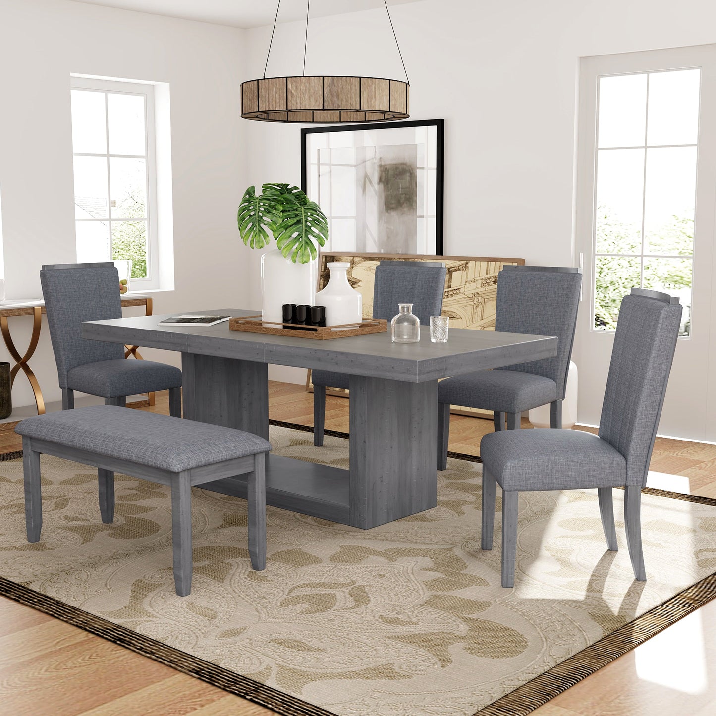 Contemporary 6-Piece 78inch Extendable Pedestal Dining Table Set with