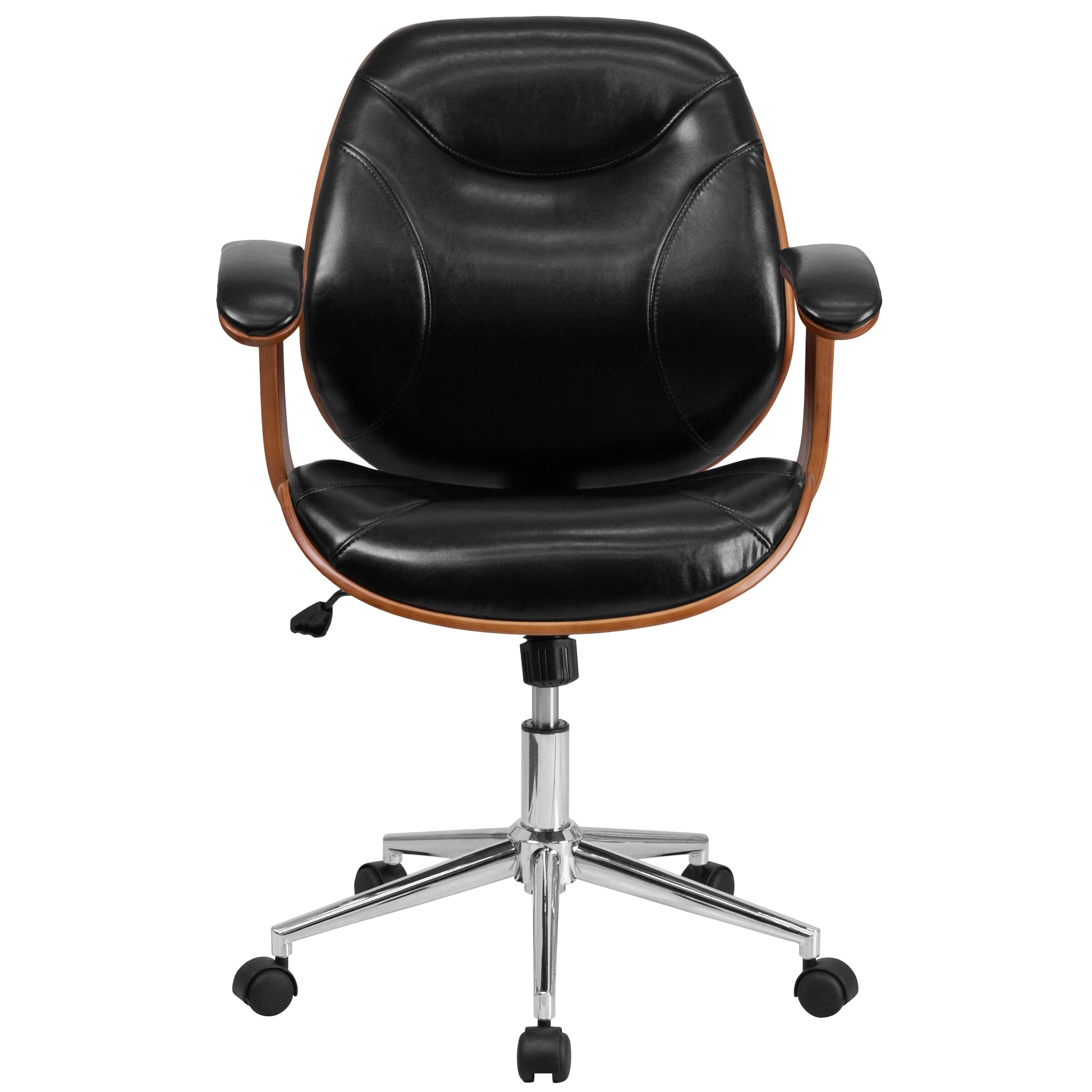 Mid-Back Ergonomic Office Chair Executive Swivel Bentwood Frame Desk Chair in Black Faux Leather