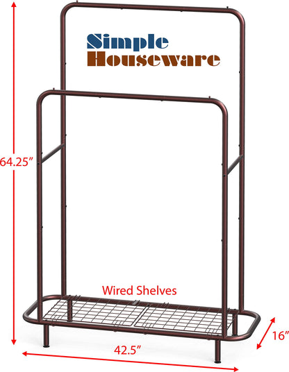 Double Rod Clothing Garment Rack with Industrial Pipe and Bottom Shelves, Bronze