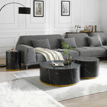 Set of 3 Black Marble Pattern  Round Coffee Table