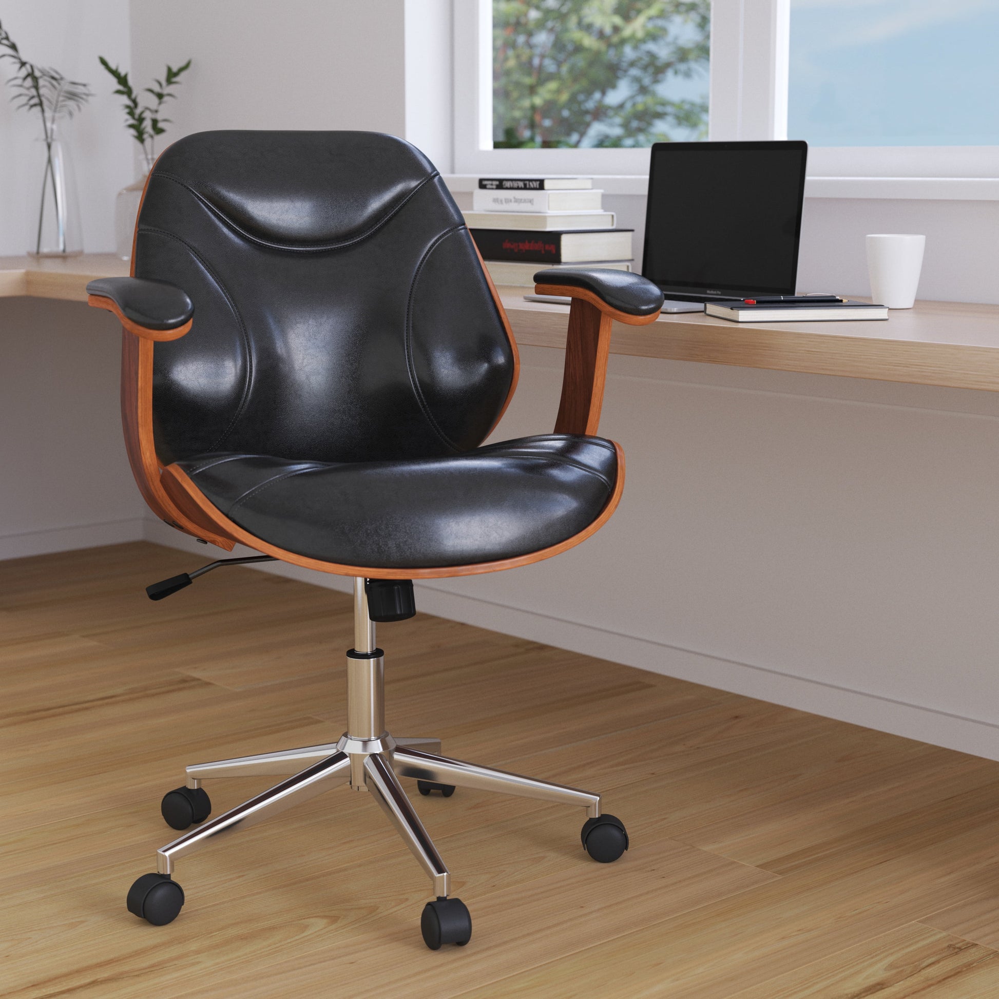 Mid-Back Ergonomic Office Chair Executive Swivel Bentwood Frame Desk Chair in Black Faux Leather