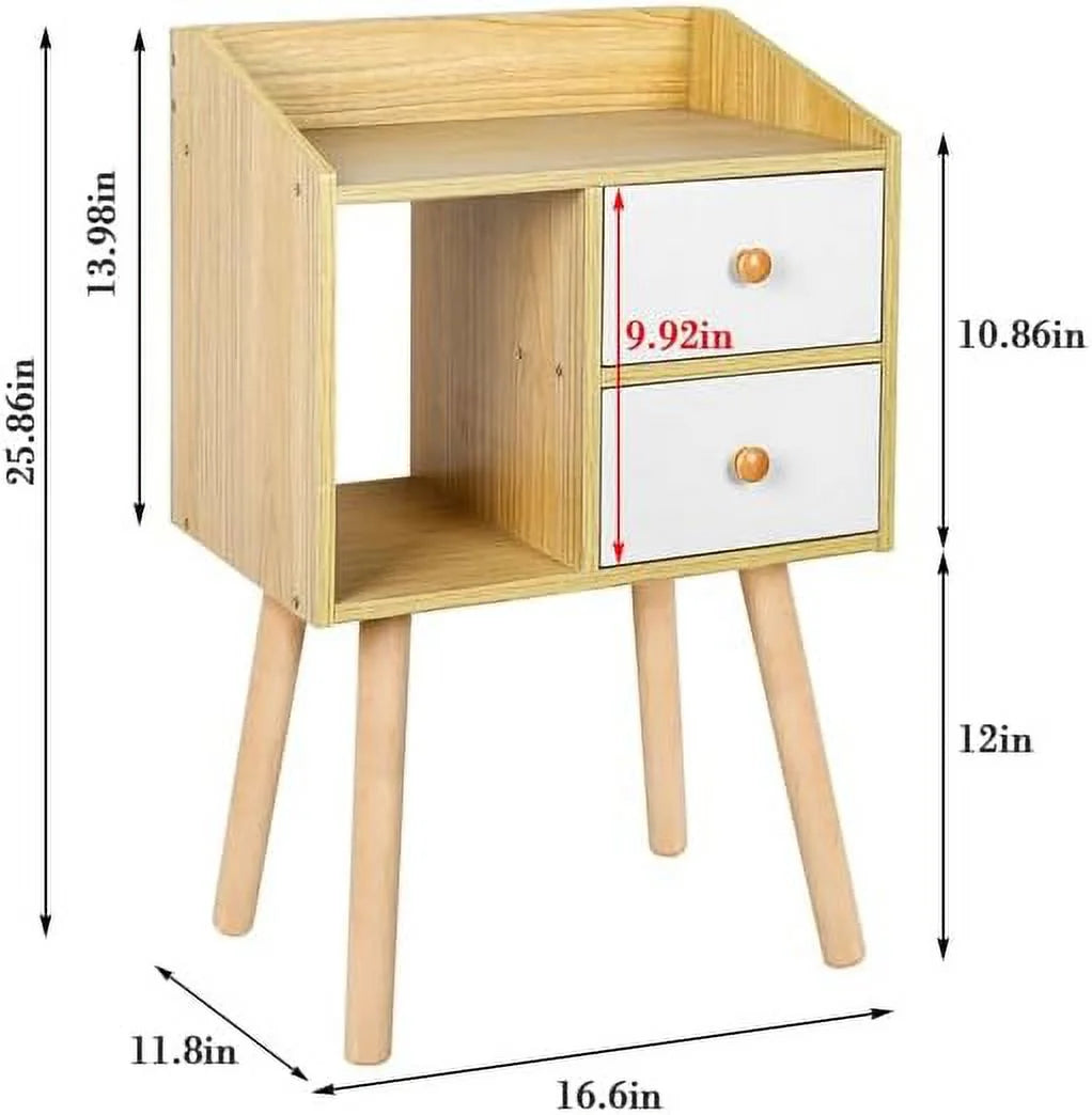 Mid Century Side Table Nightstand, Bedside Table with 2 Drawers, Modern Natural Wood End Table Side Table for Bedroom Living Room