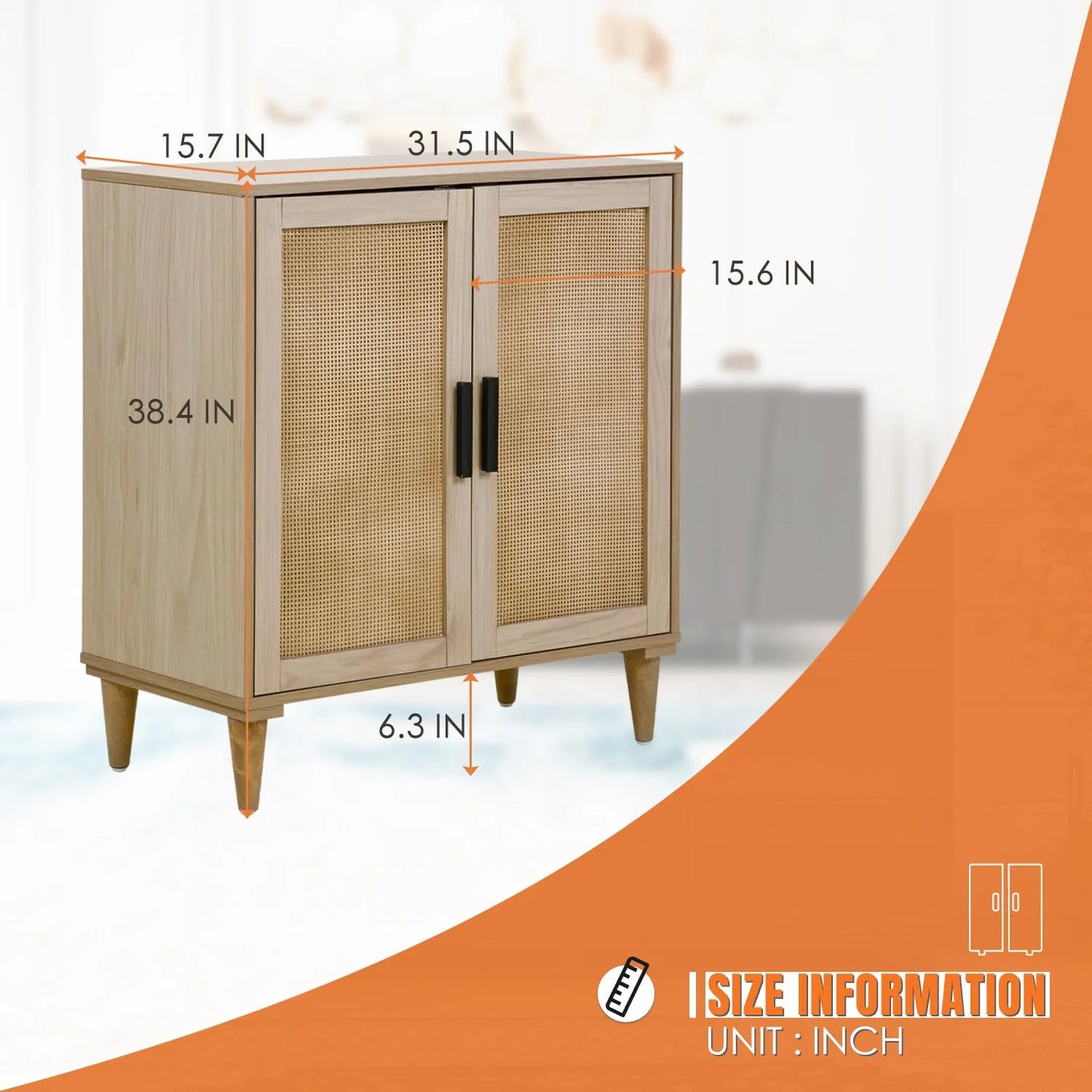 Adjustable Shelves Accent Cabinet with Rattan Doors, Natural