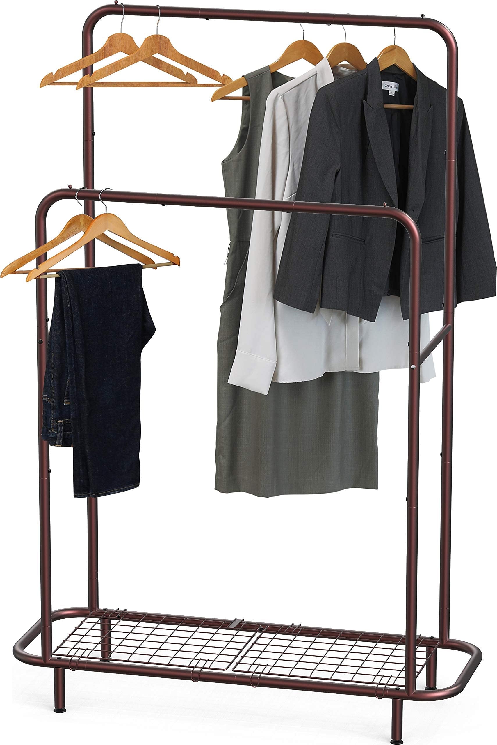 Double Rod Clothing Garment Rack with Industrial Pipe and Bottom Shelves, Bronze