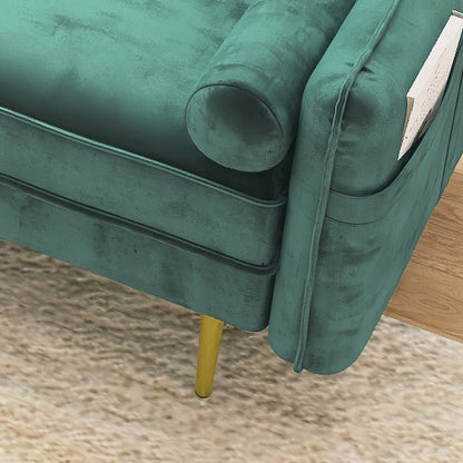 Emerald Plush Velvet Sofa with Luxe Throw Pillows and Golden Legs