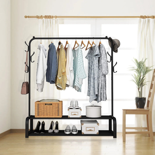 Clothes Rack,Clothing Racks for Hanging Clothes with Two Lower Storage and 6 Hooks, Black