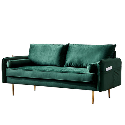 Emerald Plush Velvet Sofa with Luxe Throw Pillows and Golden Legs