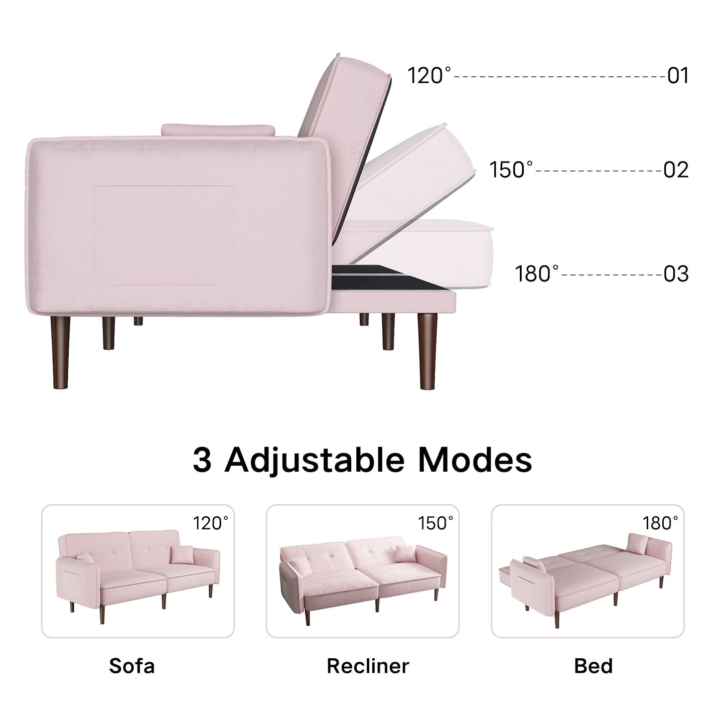 Convertible Velvet Sofa Bed with Wood Legs - Pink Elegance