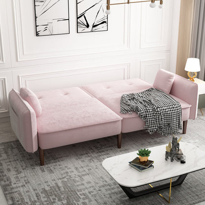 Convertible Velvet Sofa Bed with Wood Legs - Pink Elegance