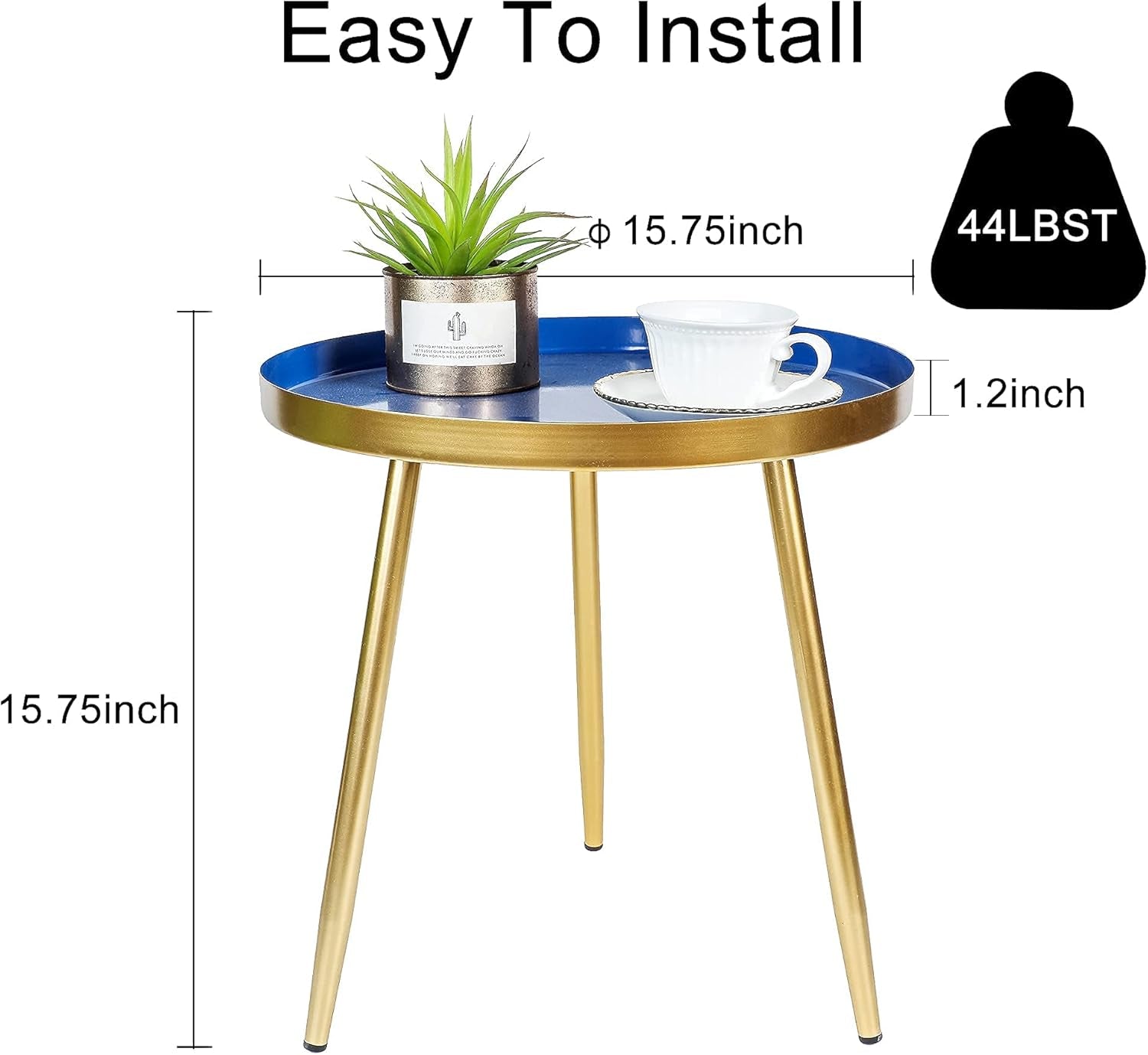 round Side Table Modern End Table Metal Narrow Nightstand Organizer Boho Small Coffee Table for Bed Room, Living Room Sofa, Kitchen, Small Spaces, Entryway Easy Assembly Gold Side Table （Blue）