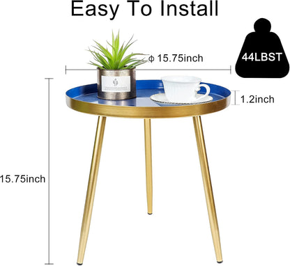 round Side Table Modern End Table Metal Narrow Nightstand Organizer Boho Small Coffee Table for Bed Room, Living Room Sofa, Kitchen, Small Spaces, Entryway Easy Assembly Gold Side Table （Blue）