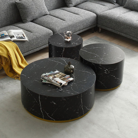 Set of 3 Black Marble Pattern  Round Coffee Table