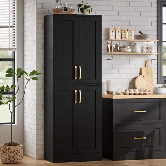 Kitchen Pantry Cabinet with 4 Doors and Adjustable Shelves, Tall Black Cabinet Freestanding Storage Cupboard for Dining Room