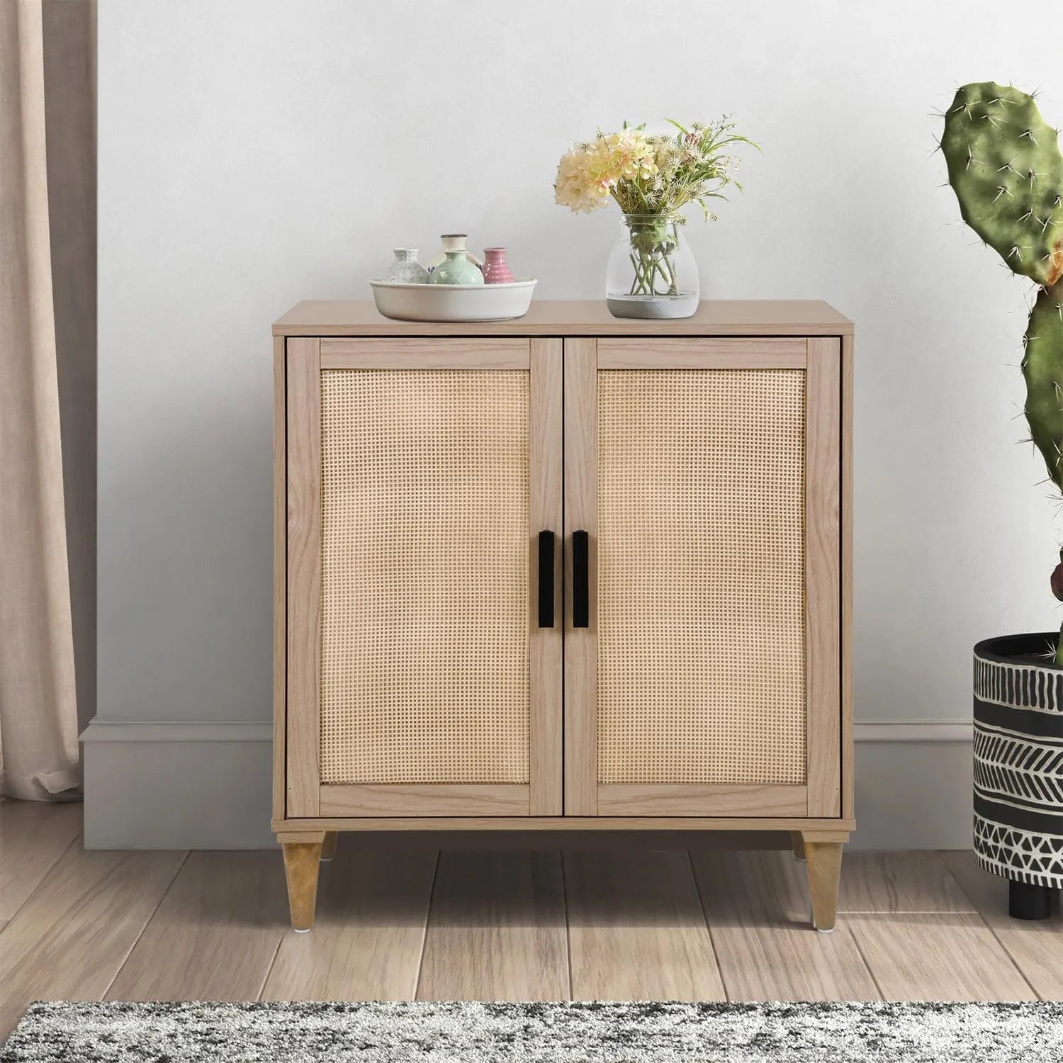 Adjustable Shelves Accent Cabinet with Rattan Doors, Natural