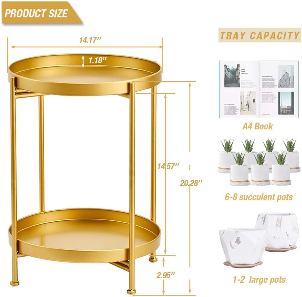 Gold Side Table, Metal Gold Modern Nightstand, Small round Table Metal Tray Side Table for Living Room Bedroom Kitchen Dining Room Game and Recreation Room