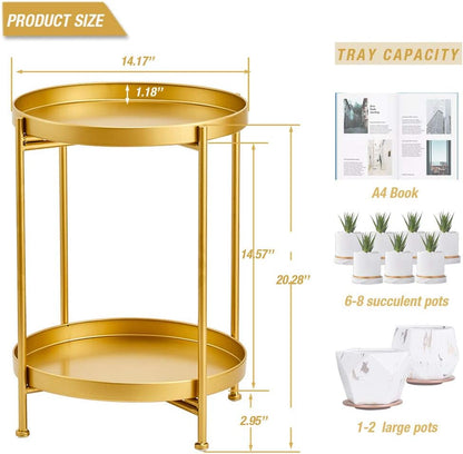 Gold Side Table, Metal Gold Modern Nightstand, Small round Table Metal Tray Side Table for Living Room Bedroom Kitchen Dining Room Game and Recreation Room