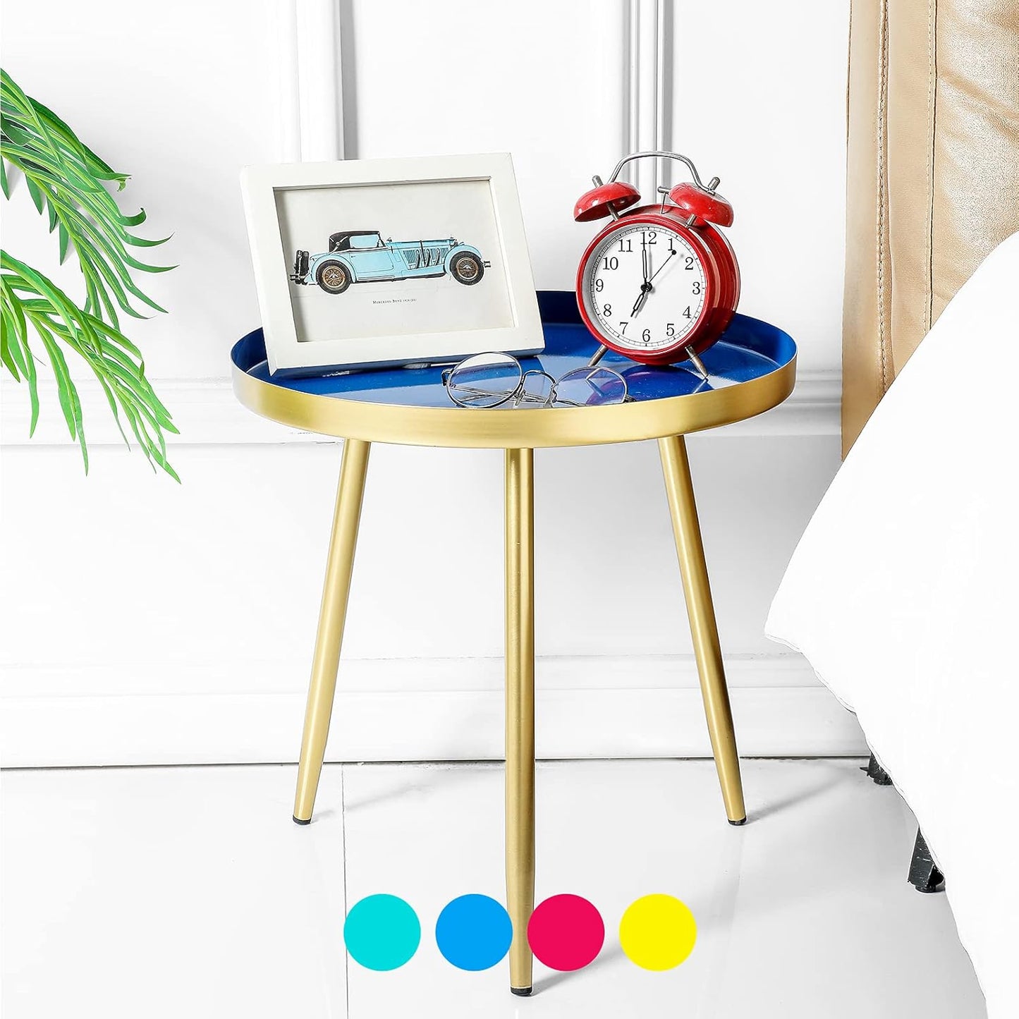 round Side Table Modern End Table Metal Narrow Nightstand Organizer Boho Small Coffee Table for Bed Room, Living Room Sofa, Kitchen, Small Spaces, Entryway Easy Assembly Gold Side Table （Blue）