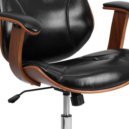 Mid-Back Ergonomic Office Chair Executive Swivel Bentwood Frame Desk Chair in Black Faux Leather