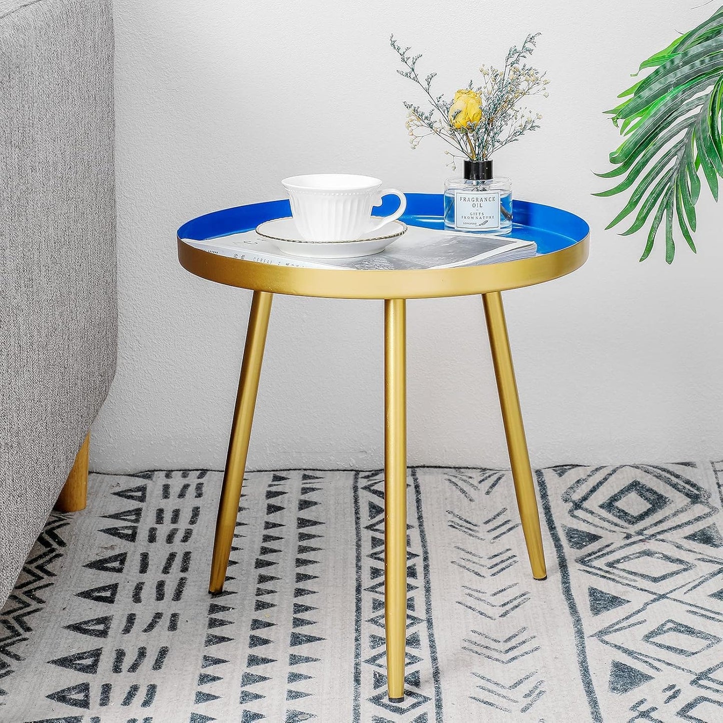 round Side Table Modern End Table Metal Narrow Nightstand Organizer Boho Small Coffee Table for Bed Room, Living Room Sofa, Kitchen, Small Spaces, Entryway Easy Assembly Gold Side Table （Blue）