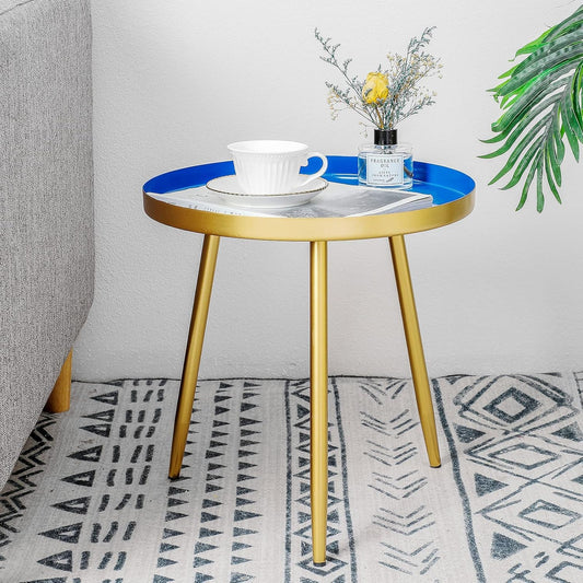 round Side Table Modern End Table Metal Narrow Nightstand Organizer Boho Small Coffee Table for Bed Room, Living Room Sofa, Kitchen, Small Spaces, Entryway Easy Assembly Gold Side Table （Blue）