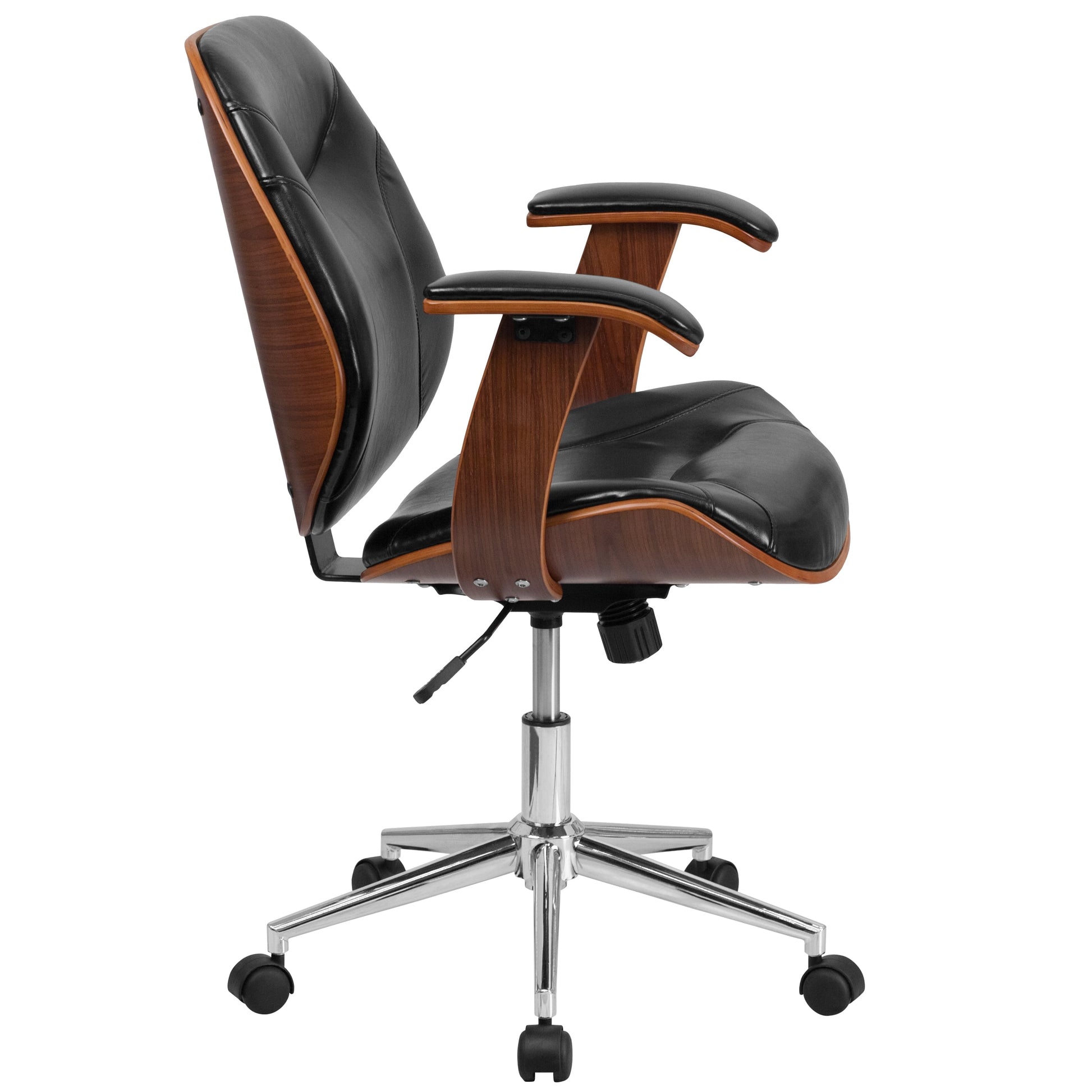 Mid-Back Ergonomic Office Chair Executive Swivel Bentwood Frame Desk Chair in Black Faux Leather