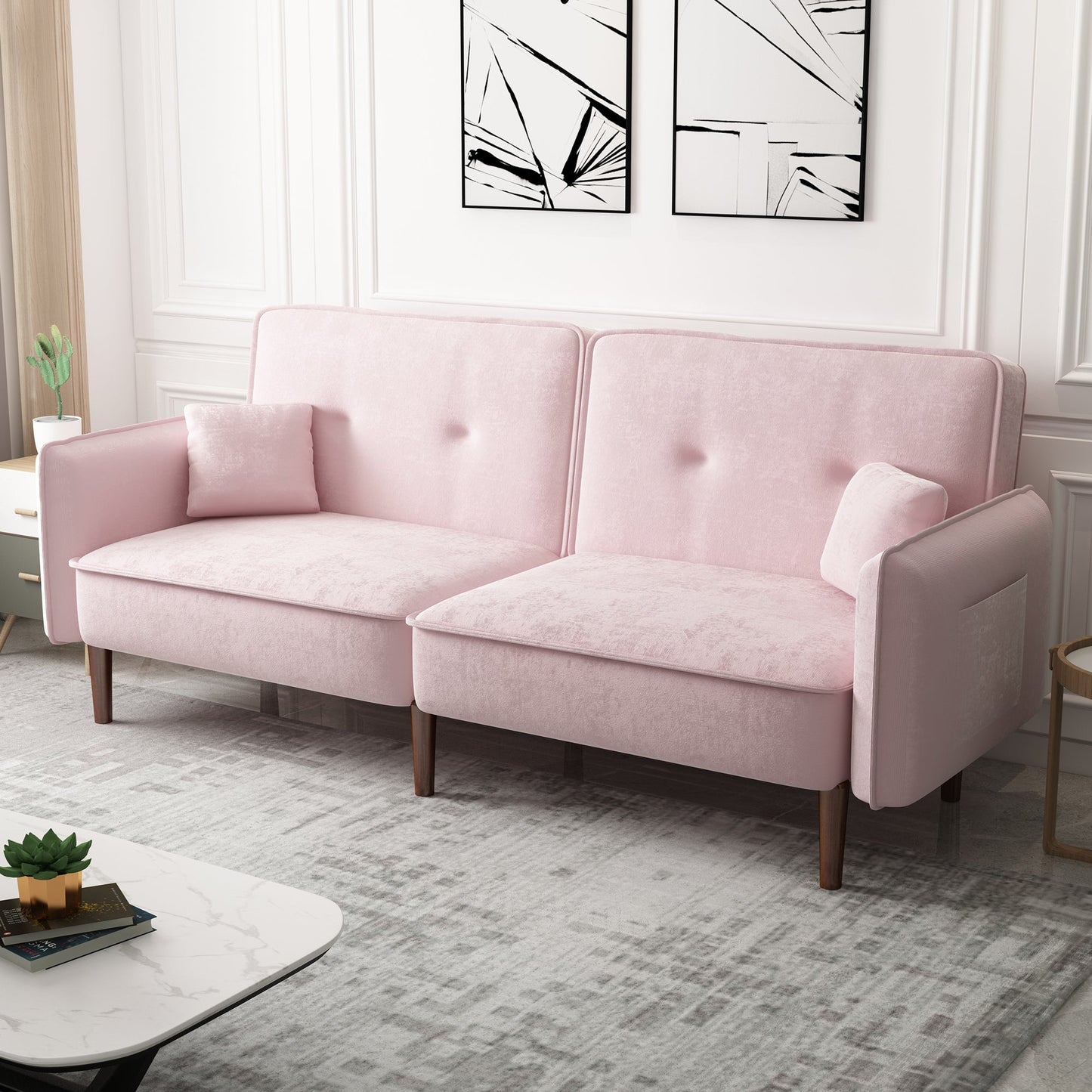 Convertible Velvet Sofa Bed with Wood Legs - Pink Elegance