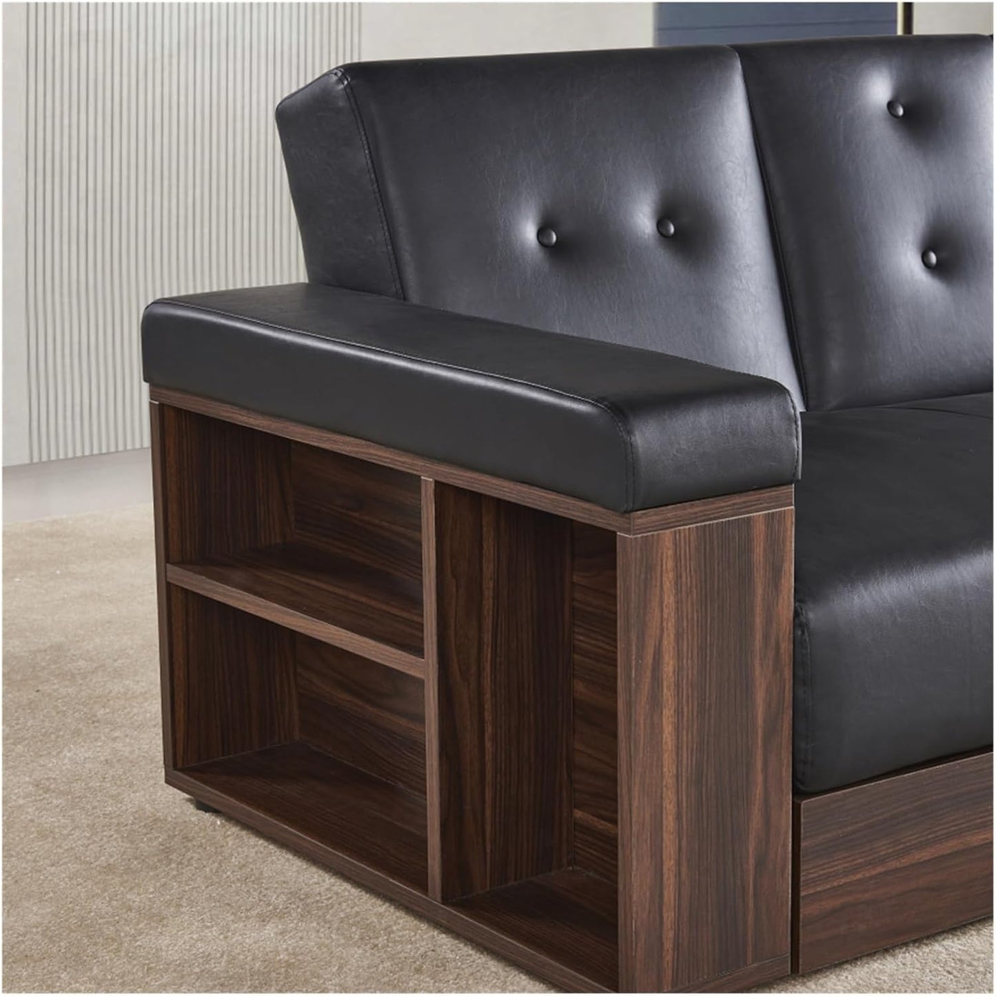 Multi-Functional Black Leather Sofa with Hidden Storage, Built-In Drawer, and Convertible Seating