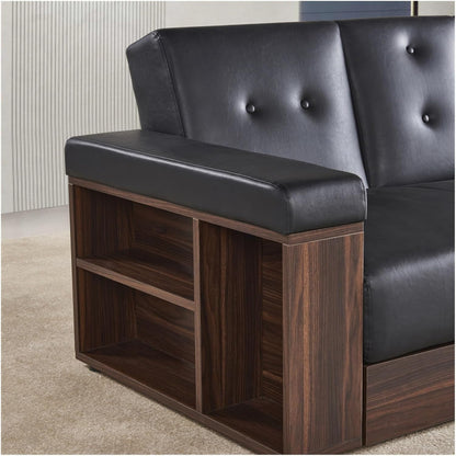 Multi-Functional Black Leather Sofa with Hidden Storage, Built-In Drawer, and Convertible Seating