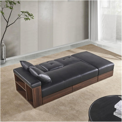 Multi-Functional Black Leather Sofa with Hidden Storage, Built-In Drawer, and Convertible Seating