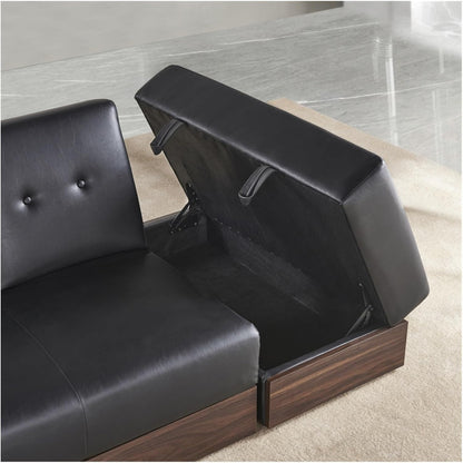 Multi-Functional Black Leather Sofa with Hidden Storage, Built-In Drawer, and Convertible Seating