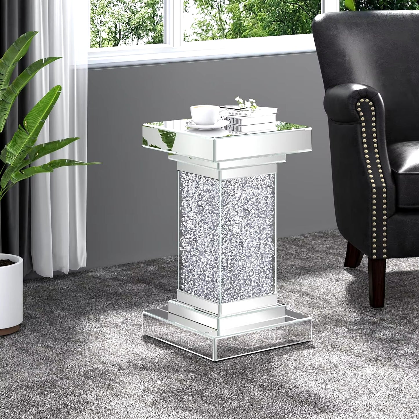 Mirrored End Table Diamond Setting Side Table Pedestal Stand for Hallway, Living Room