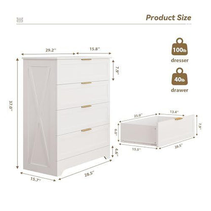 4 Drawer Dresser for Bedroom, Tall Bedroom Dresser with Large Drawer & White