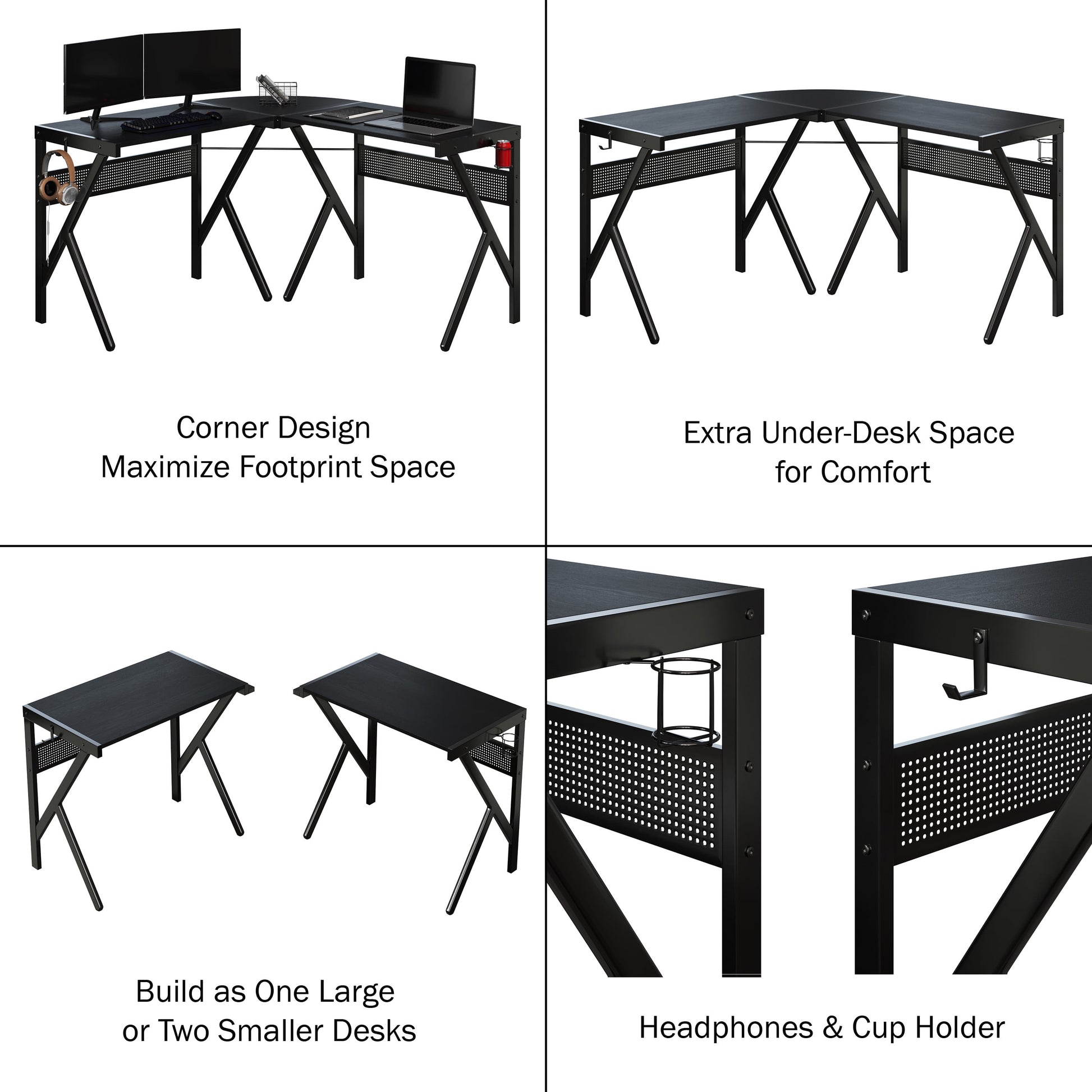 L Shaped Computer Desk with Headphone and Cup Holder Modern Style (Black)