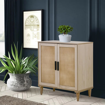 Adjustable Shelves Accent Cabinet with Rattan Doors, Natural