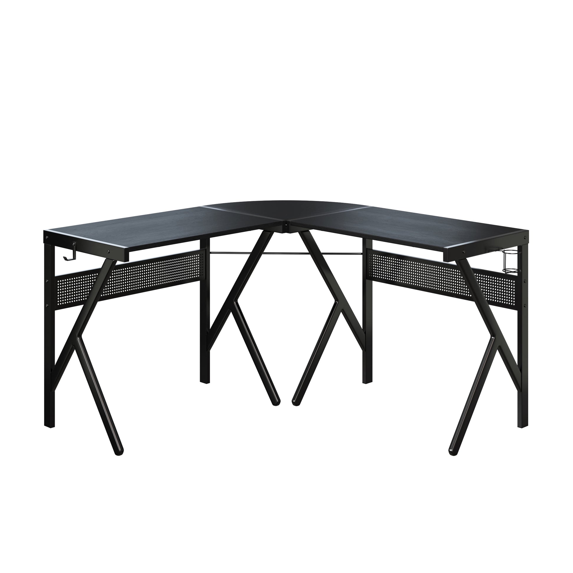 L Shaped Computer Desk with Headphone and Cup Holder Modern Style (Black)