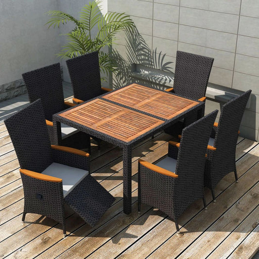 7 Piece Outdoor Dining Set Poly Rattan Acacia Wood Black