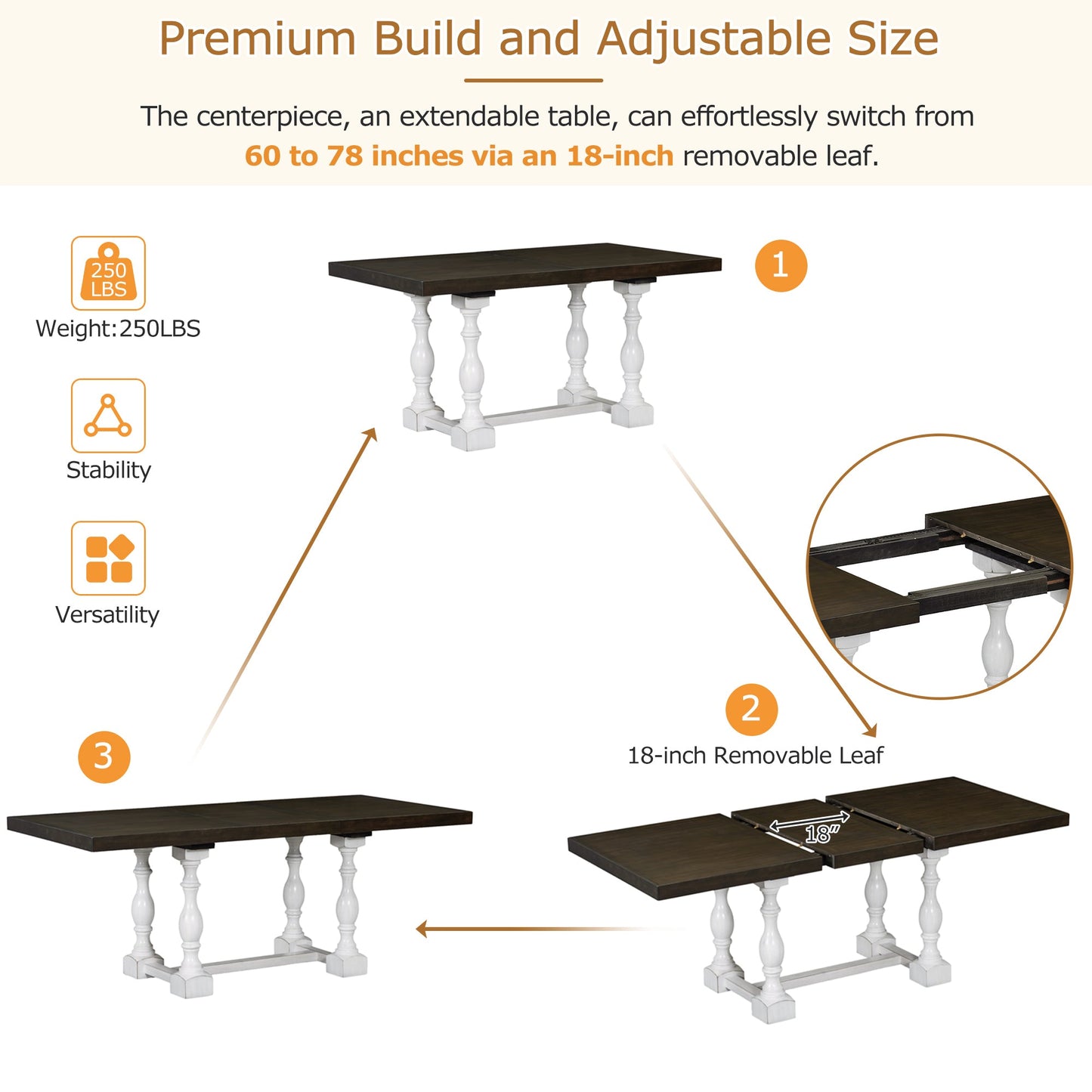 Traditional 6-Piece 78inch Trestle Extendable Dining Table Set with