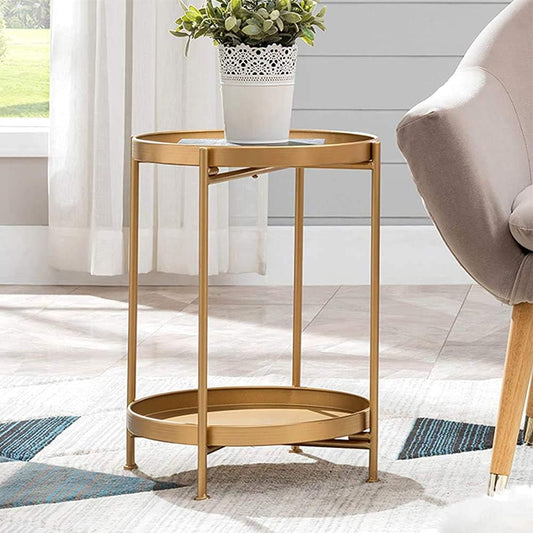 Gold Side Table, Metal Gold Modern Nightstand, Small round Table Metal Tray Side Table for Living Room Bedroom Kitchen Dining Room Game and Recreation Room